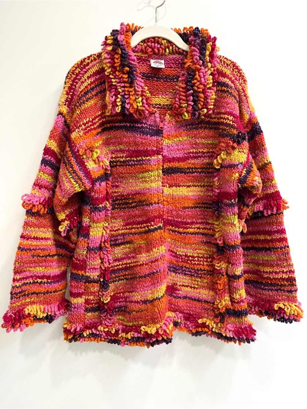 Vintage Over The Rainbow Colorful Sweater Jacket Zip Front Loop Fringe Wool M
